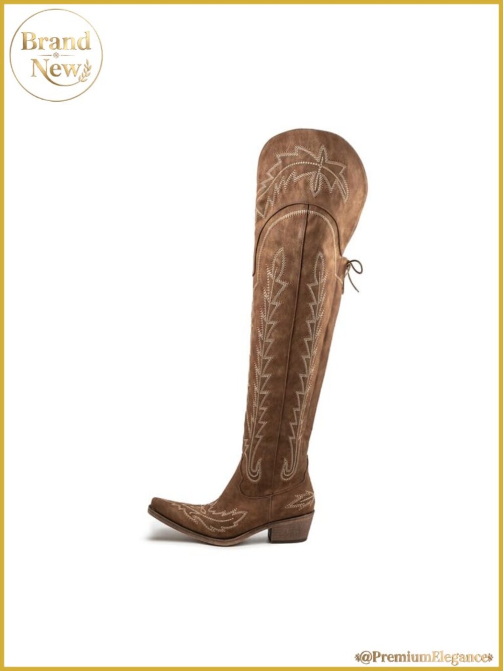 Faux Leather Thigh High Cowboy Boots Chunky Heel Embroidered Western Style